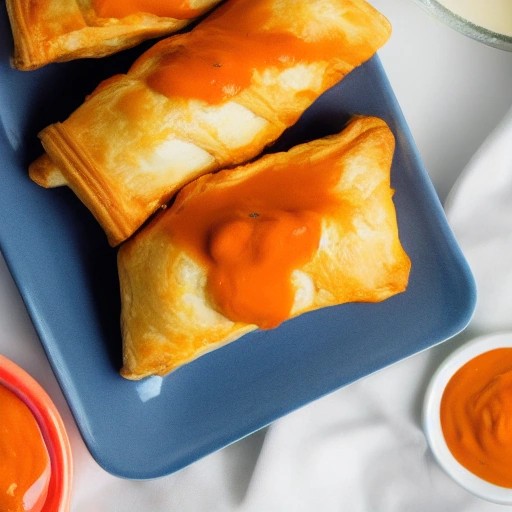 Spicy buffalo chicken puff pastry pockets served with blue cheese dip