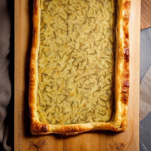 Savory garlic herb wild mushroom puff pastry tart on a wooden board