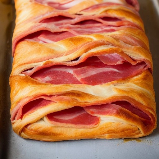 Baked Italian stromboli braid showing melted cheese and pepperoni slices