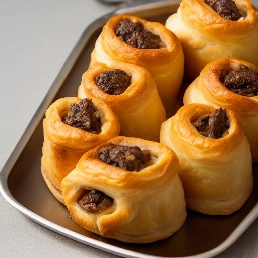 Golden mini puff pastry beef wellingtons served on a silver platter