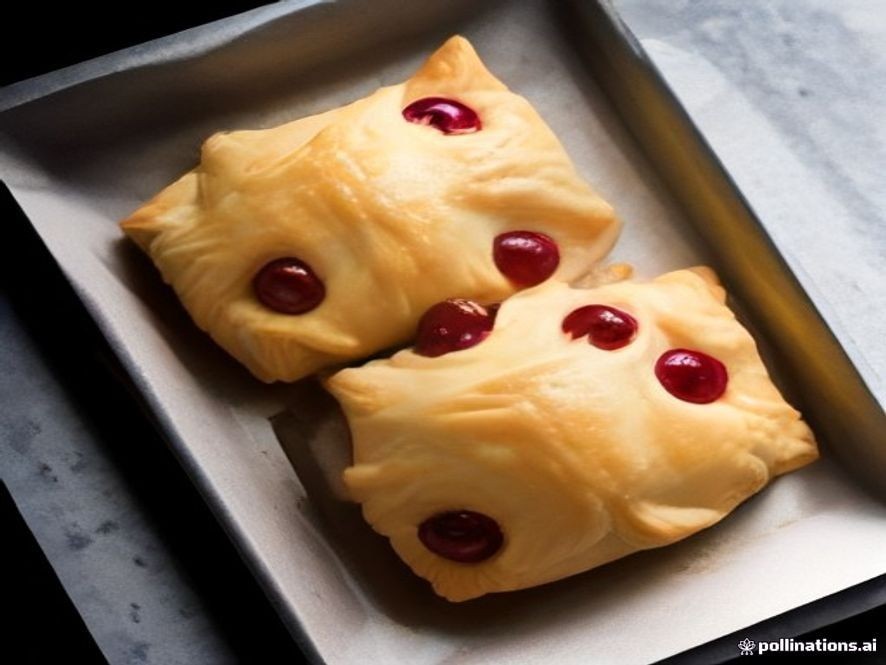 Flaky German cherry puff pastry turnover filled with dark cherry filling.