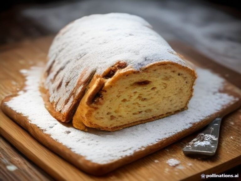 Traditional German Stollen holiday bread loaded with dried fruit and almonds.