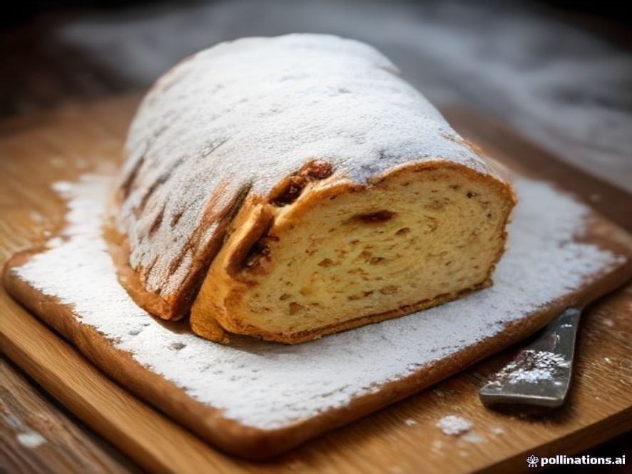 Traditional German Stollen holiday bread loaded with dried fruit and almonds.